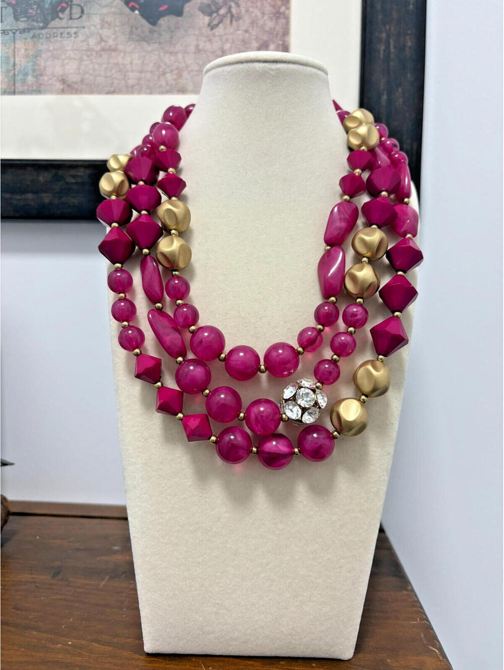 Triple Strand Chunky Fuchsia Acrylic Plastic Beads Gold Tone Rhinestone Accents